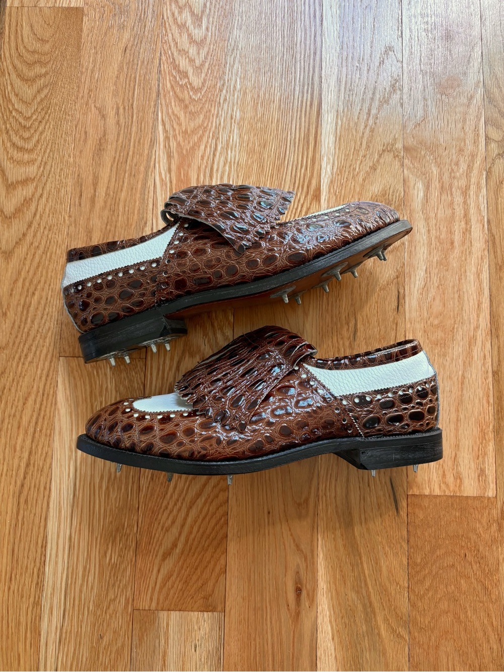 Eaton Etonic Vintage 70s Golf Shoes Leather White & Brown Alligator Print 10 D